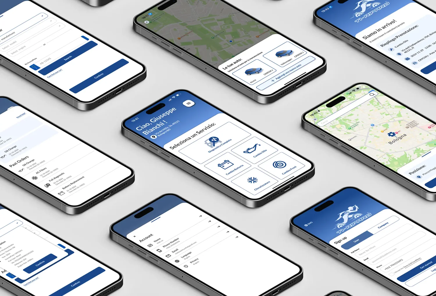 Tiriparo booking screens — service selection with problem description, and location with date and time